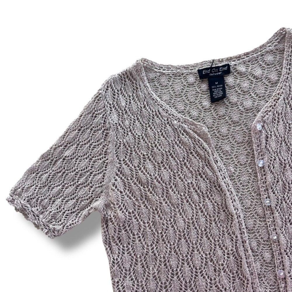 Women M Cream Pointelle Knit Cardigan Short Sleeve Button Front Cottagecore Boho